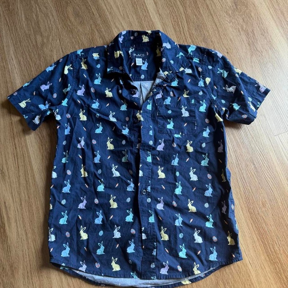 Childrens Place Mens Navy Blue Easter Bunny Print Button Up Shirt 10/12